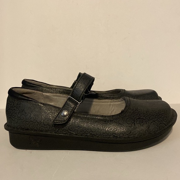 Alegria Grey Floral Embossed Leather Mary Jane Clogs - Picture 2 of 8